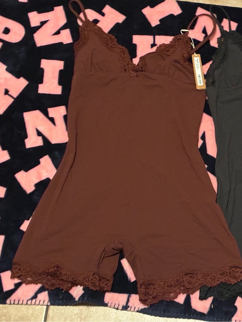 Skims Brown Lace-Trim Slip Romper -